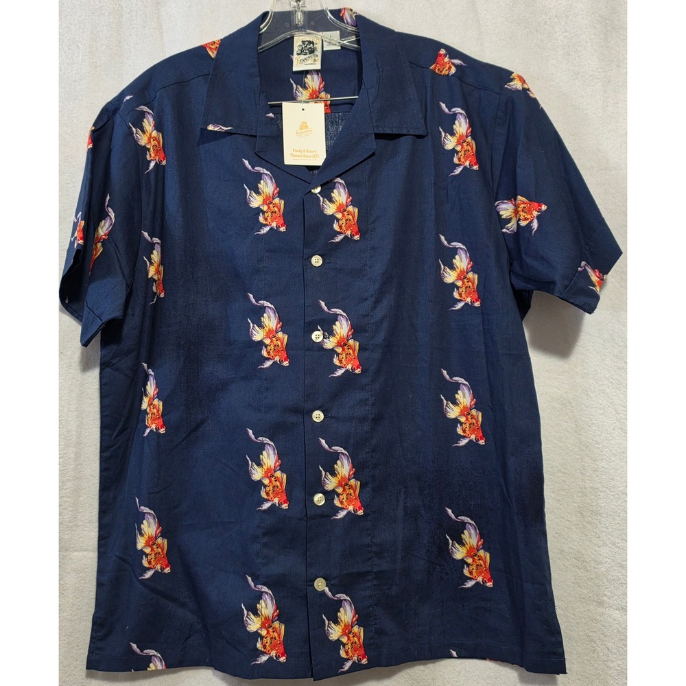 NWT VTG Kennington Ltd California Goldfish Print Camp Shirt XL Navy Bl Deadstock
